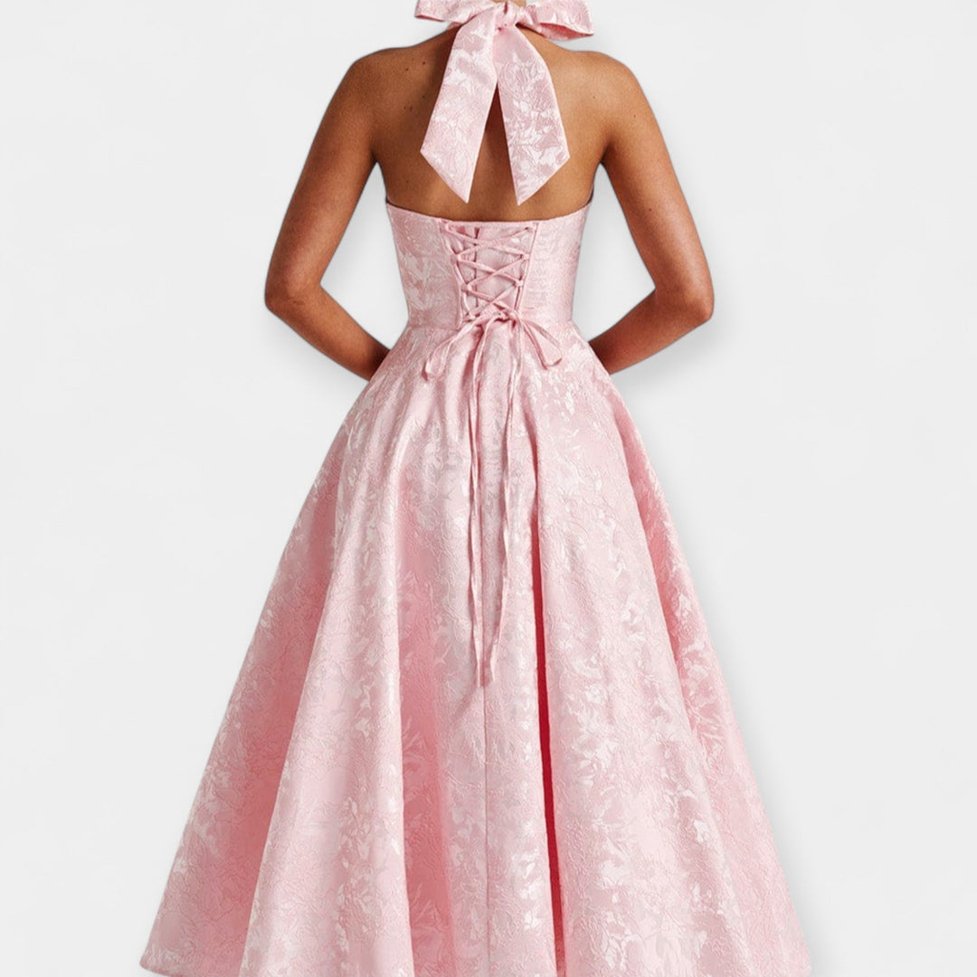 Vestido Midi Elegante con Corsé y Espalda Abierta