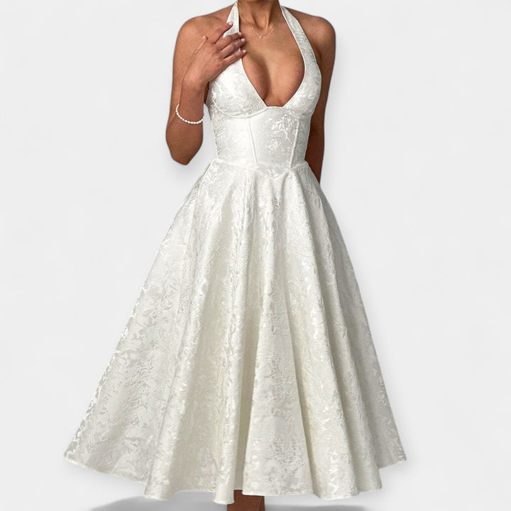 Vestido Midi Elegante con Corsé y Espalda Abierta