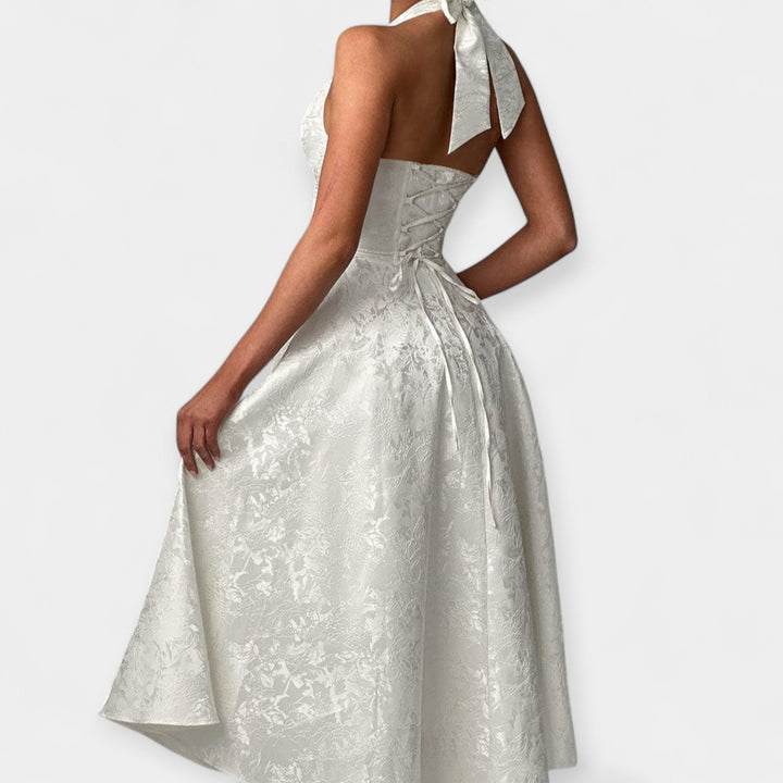 Vestido Midi Elegante con Corsé y Espalda Abierta