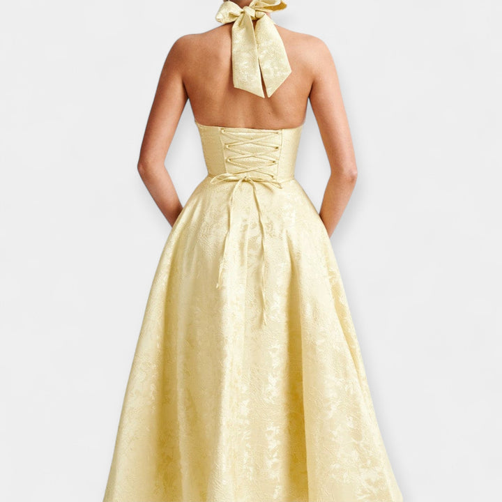 Vestido Midi Elegante con Corsé y Espalda Abierta