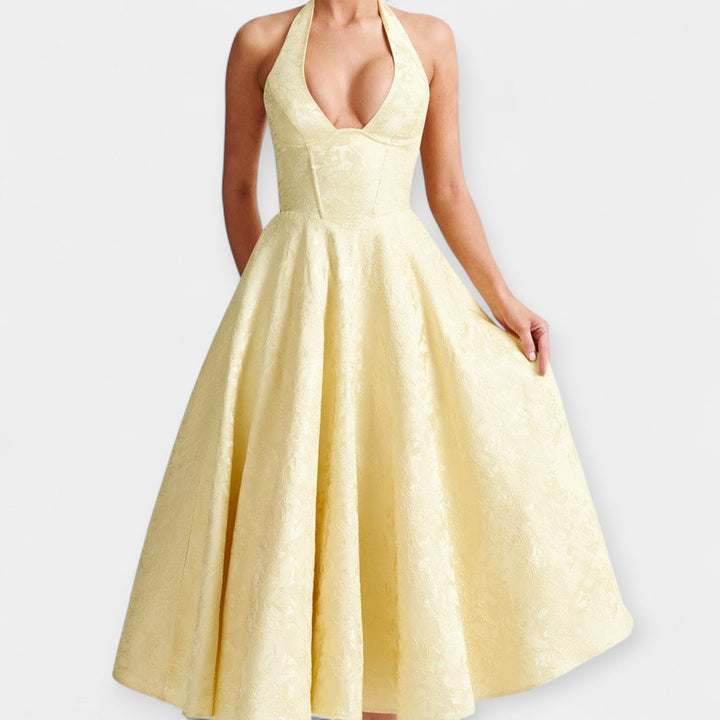 Vestido Midi Elegante con Corsé y Espalda Abierta
