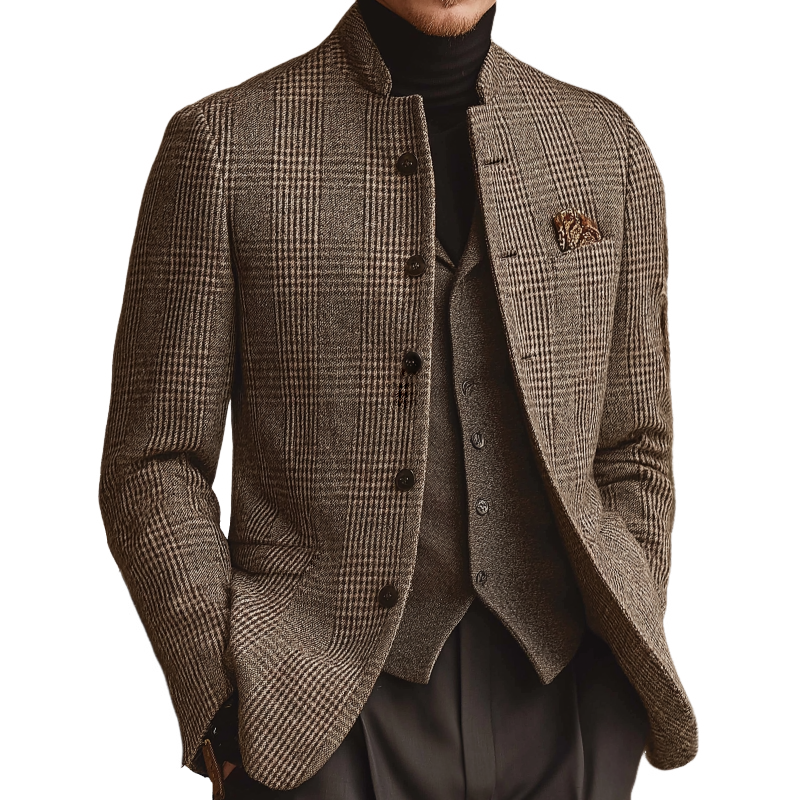 Men's Vintage-Inspired Tweed Plaid Stand Collar Jacket - MTA1165K3TO