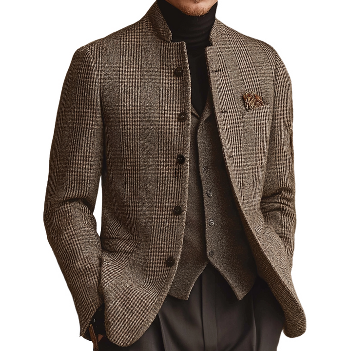 Men's Vintage-Inspired Tweed Plaid Stand Collar Jacket - MTA1165K3TO