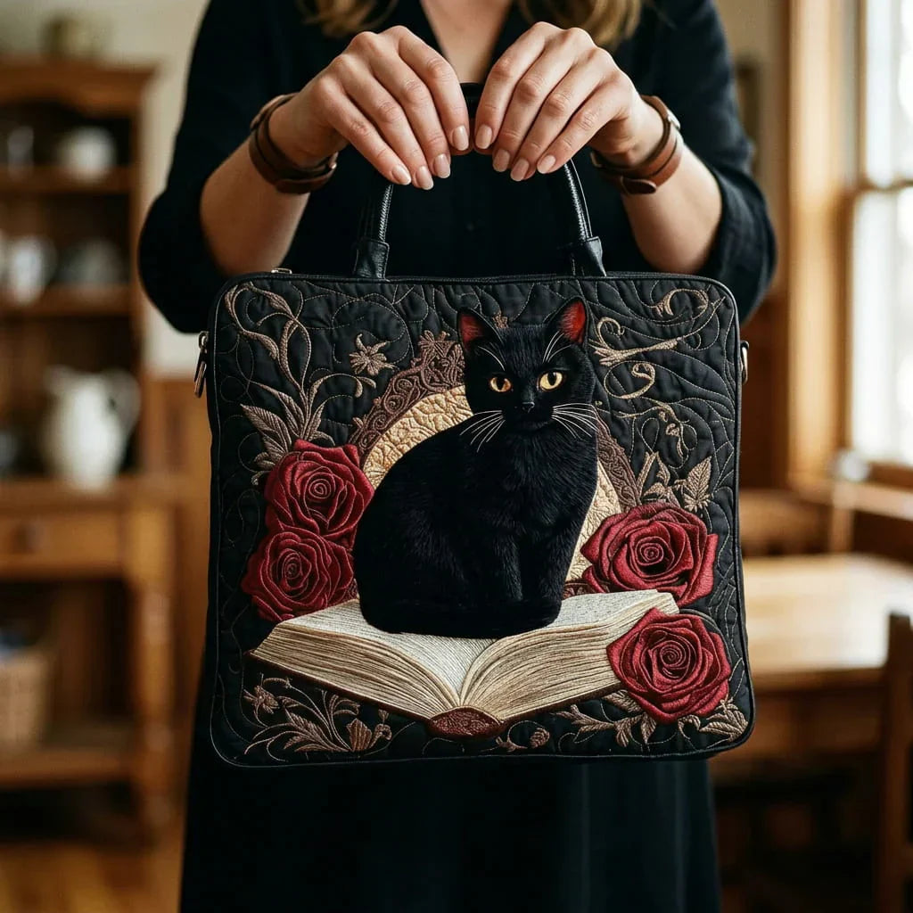 Bolso Artesanal Acolchado - Gato Negro sobre Libros