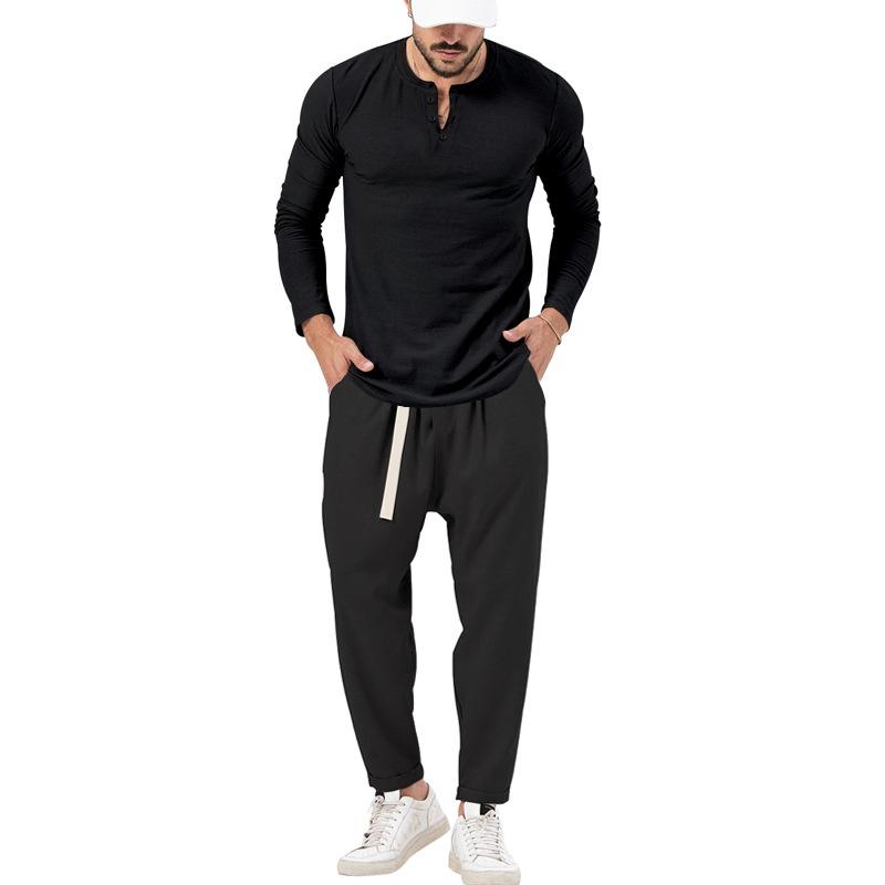 Conjunto informal de camiseta Henley de manga larga y pantalón para hombre.