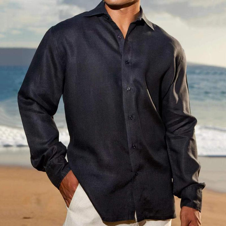 Camisa de manga larga de color liso con solapa para hombre