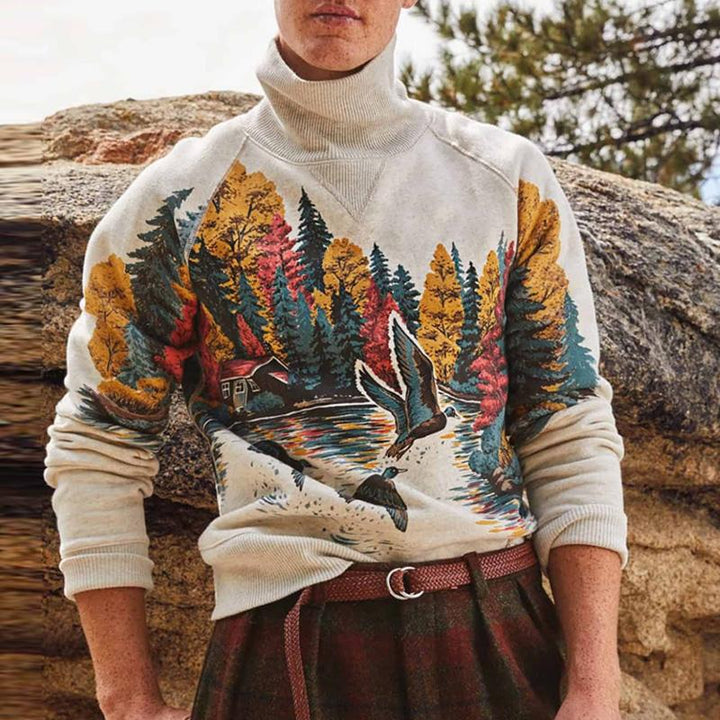 Men's Retro Printed Long Sleeve Turtleneck Knit Sweater - Style 98581179M