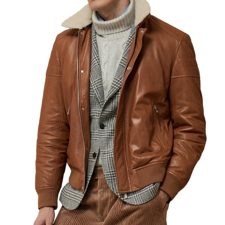 Men's Retro Leather Bomber Jacket with Fur Collar and Zip Fly - Patchwork Design 42195328M
