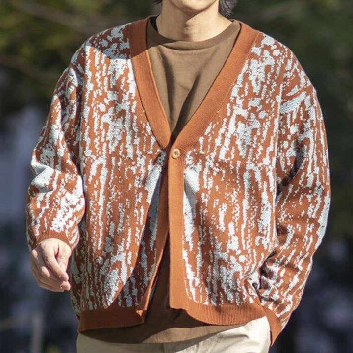 Men's Retro V-Neck Thick Jacquard Knit Cardigan - Style 14694179M