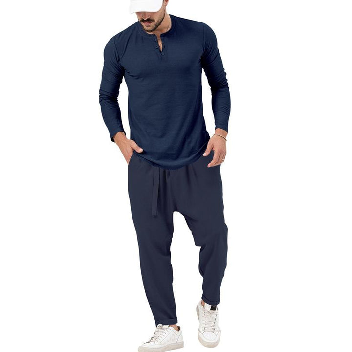 Conjunto informal de camiseta Henley de manga larga y pantalón para hombre.