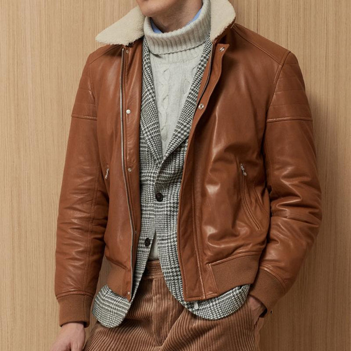 Men's Retro Leather Bomber Jacket with Fur Collar and Zip Fly - Patchwork Design 42195328M