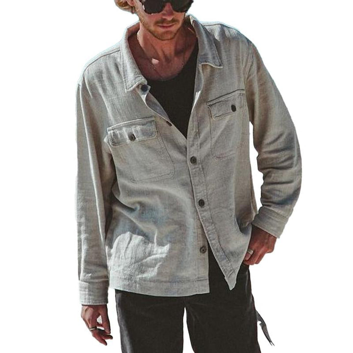 Men's Long Sleeve Lapel Shirt with Multiple Pockets - Solid Color Style 77310747X