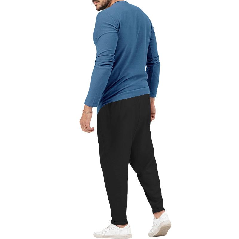 Conjunto informal de camiseta Henley de manga larga y pantalón para hombre.