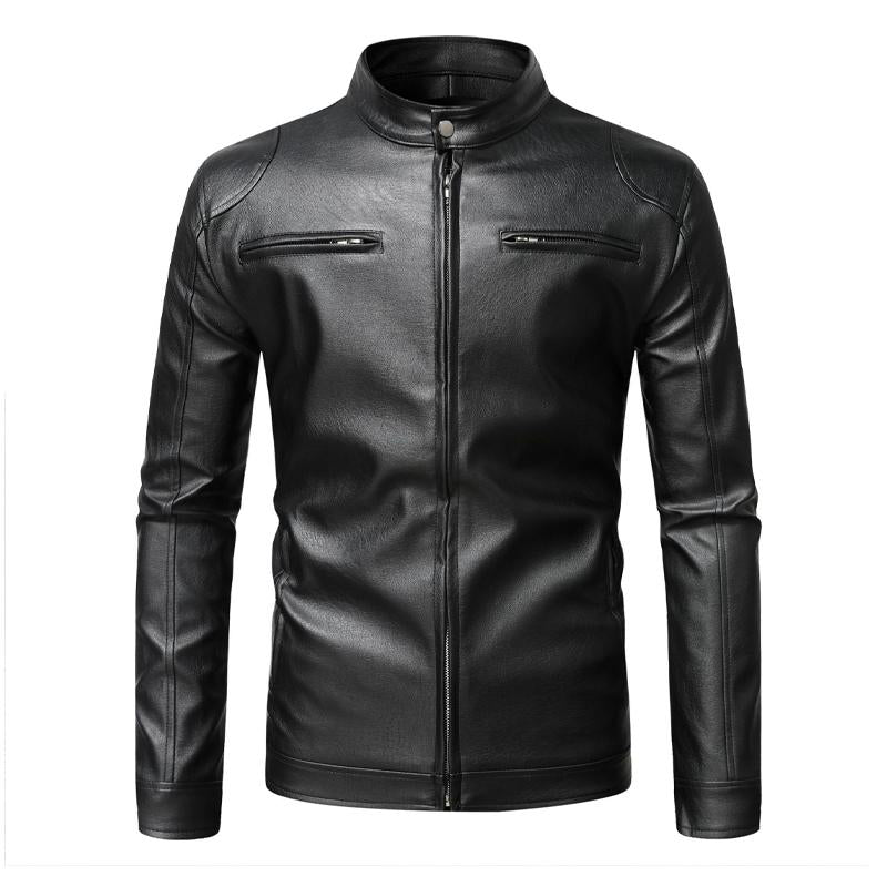 Men's Slim Fit Stand Collar Leather Jacket - Style 11233032X