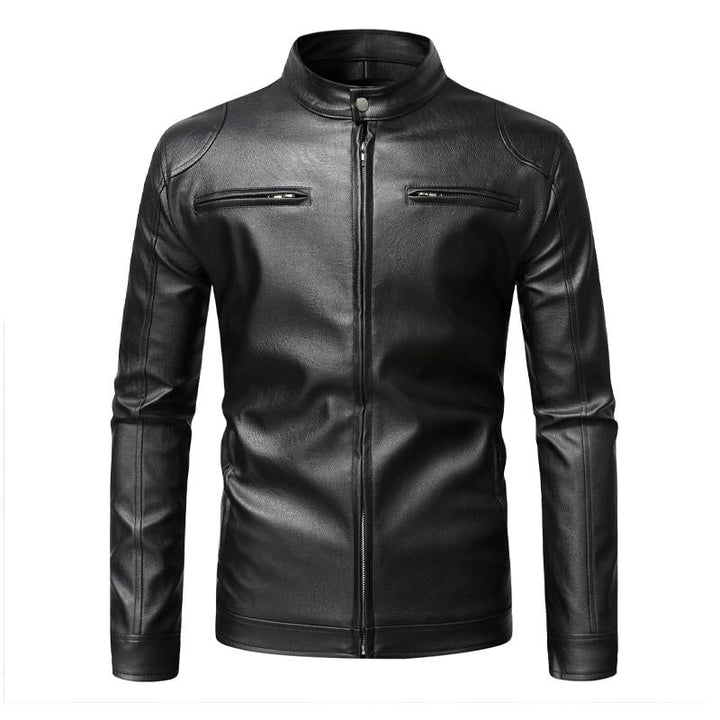 Men's Slim Fit Stand Collar Leather Jacket - Style 11233032X