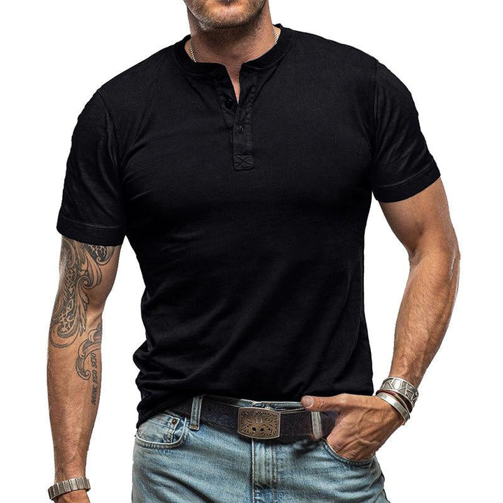 Men's Classic Solid Color Short Sleeve Henley T-Shirt - Style 99269418Y