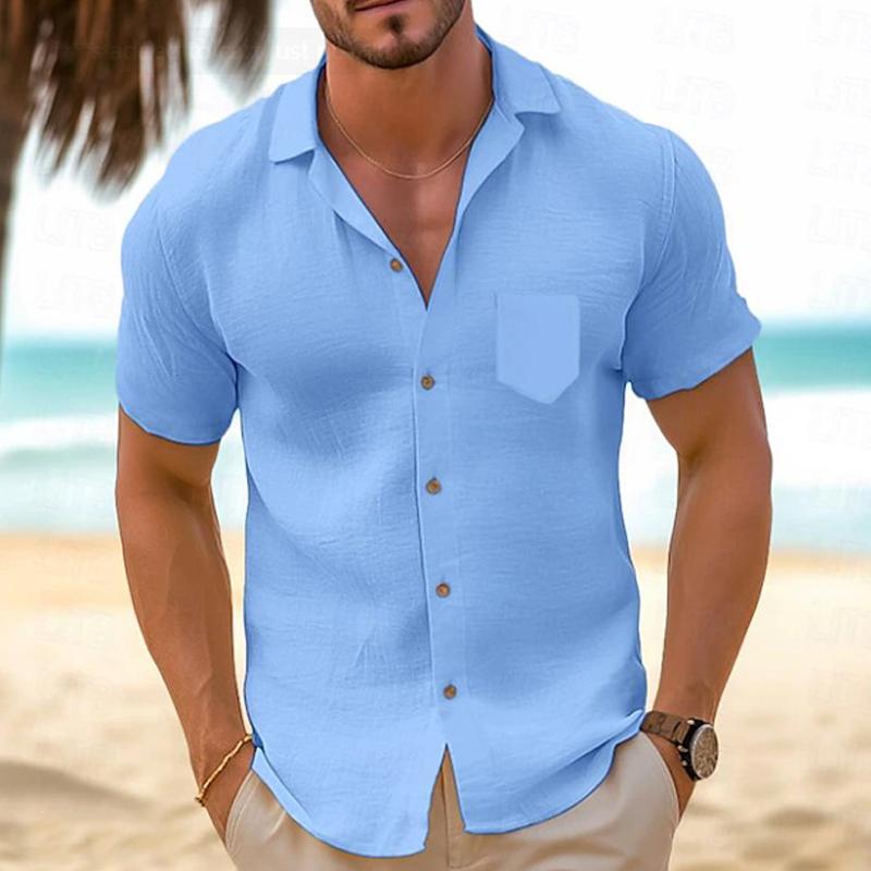 Men's Vintage Casual Loose-Fit Short Sleeve Linen Shirt - Style 64828444X