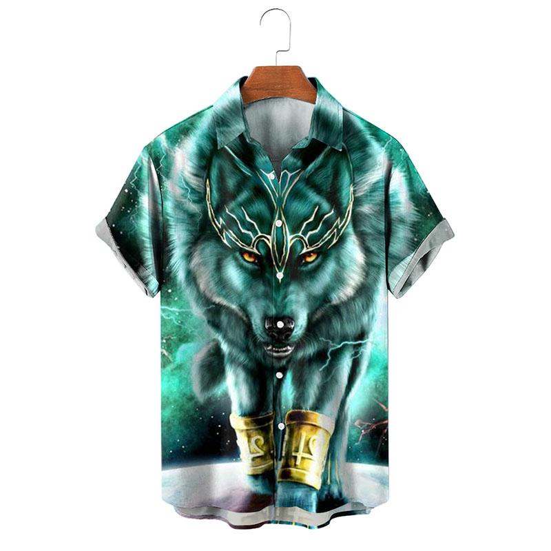 Men's Retro Wolf Print Short Sleeve Shirt with Lapel - Style 87871911M