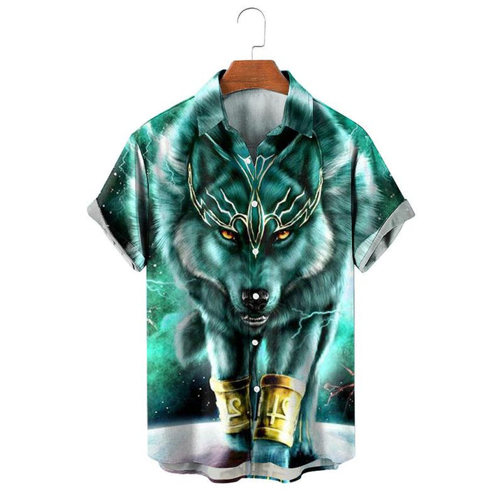 Men's Retro Wolf Print Short Sleeve Shirt with Lapel - Style 87871911M