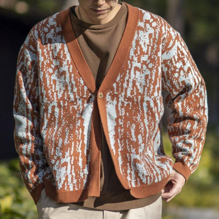 Men's Retro V-Neck Thick Jacquard Knit Cardigan - Style 14694179M