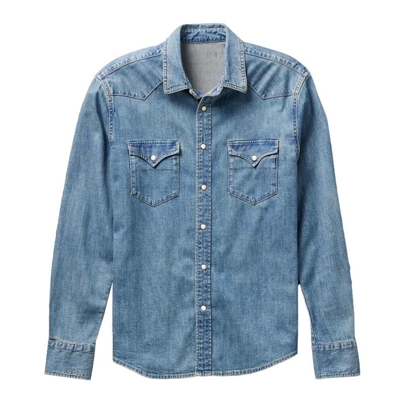 Men's Retro Loose-Fit Denim Long Sleeve Shirt with Lapel - Style 15755917M