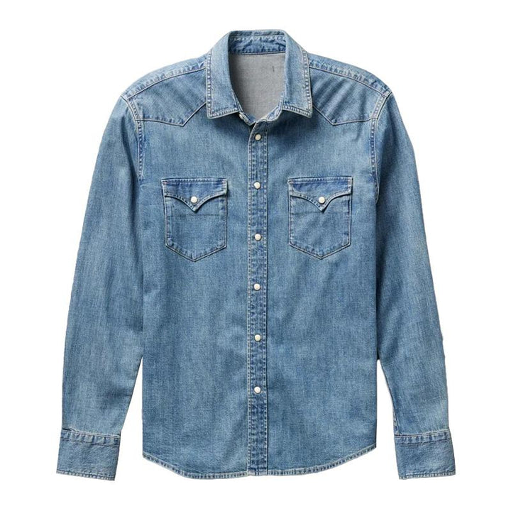 Men's Retro Loose-Fit Denim Long Sleeve Shirt with Lapel - Style 15755917M