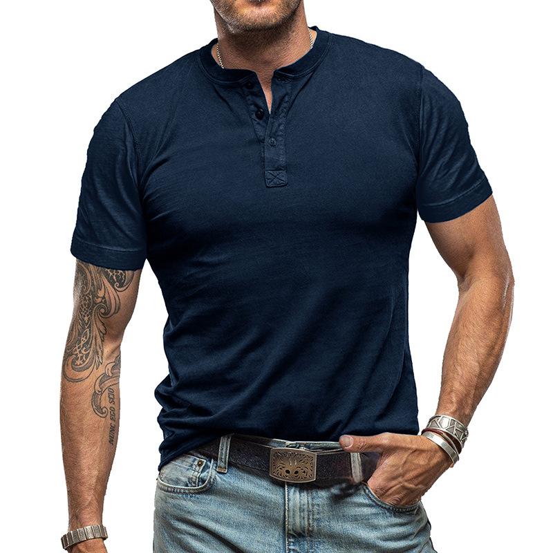 Men's Classic Solid Color Short Sleeve Henley T-Shirt - Style 99269418Y
