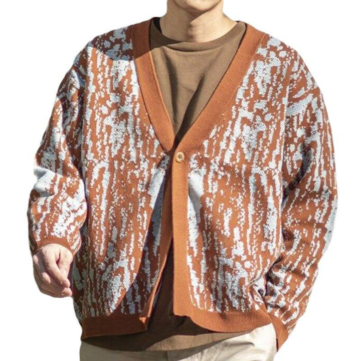 Men's Retro V-Neck Thick Jacquard Knit Cardigan - Style 14694179M