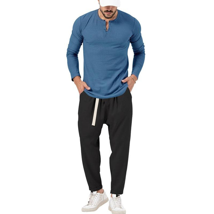 Conjunto informal de camiseta Henley de manga larga y pantalón para hombre.
