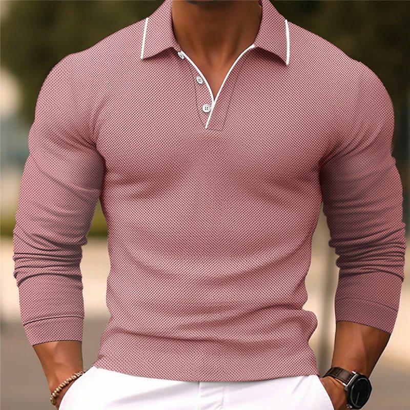 Men's Slim Fit Solid Color Cotton Blend Long Sleeve Polo Shirt with Lapel - 24-Hour Shipping Available (Model 54171993Y)