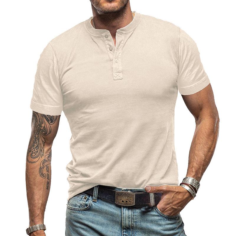 Men's Classic Solid Color Short Sleeve Henley T-Shirt - Style 99269418Y