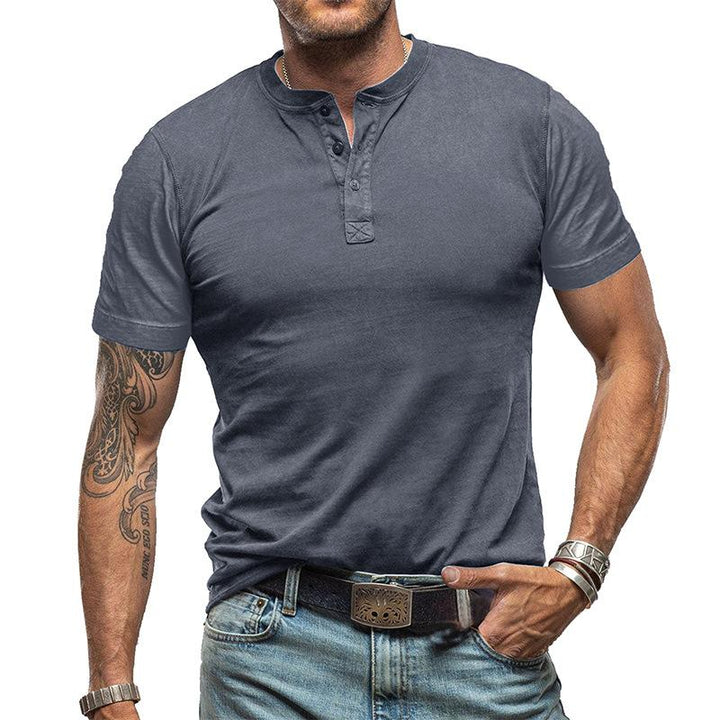 Men's Classic Solid Color Short Sleeve Henley T-Shirt - Style 99269418Y