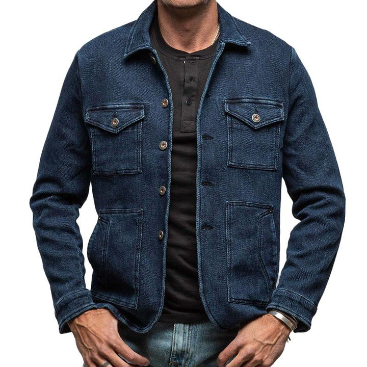 Men's Vintage Washed Denim Multi-Pocket Lapel Jacket - Style 96164488X