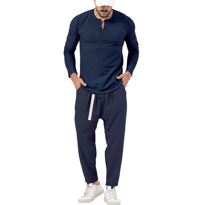 Conjunto informal de camiseta Henley de manga larga y pantalón para hombre.