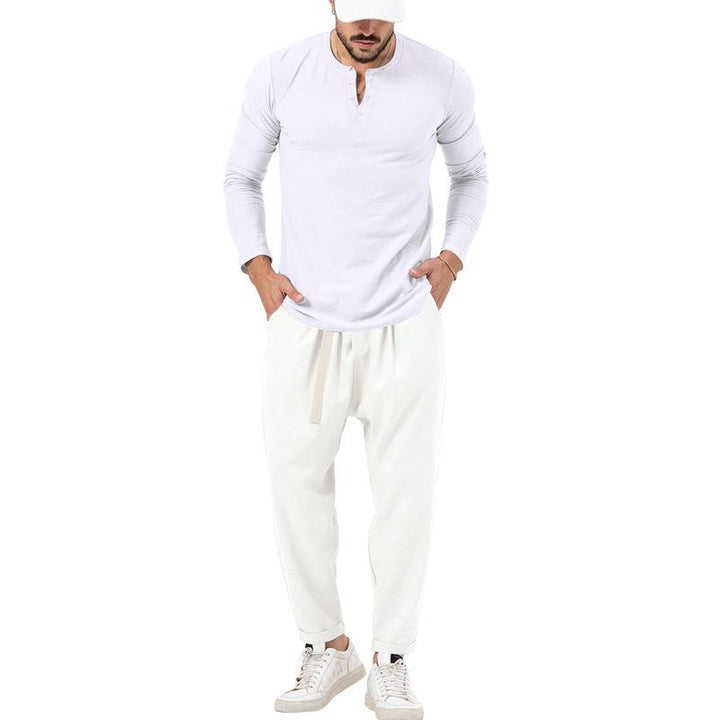Conjunto informal de camiseta Henley de manga larga y pantalón para hombre.