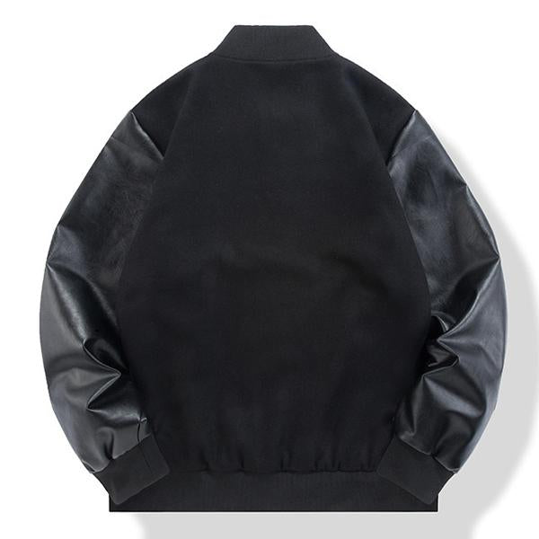 Men's Casual Baseball Jacket with Wool and Leather Panels - Style 08101399M