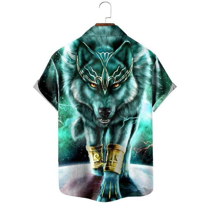 Men's Retro Wolf Print Short Sleeve Shirt with Lapel - Style 87871911M