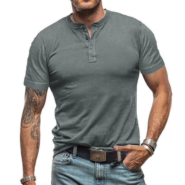 Men's Classic Solid Color Short Sleeve Henley T-Shirt - Style 99269418Y