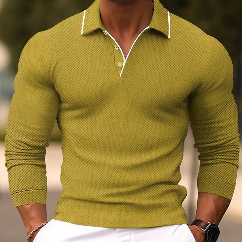 Men's Slim Fit Solid Color Cotton Blend Long Sleeve Polo Shirt with Lapel - 24-Hour Shipping Available (Model 54171993Y)