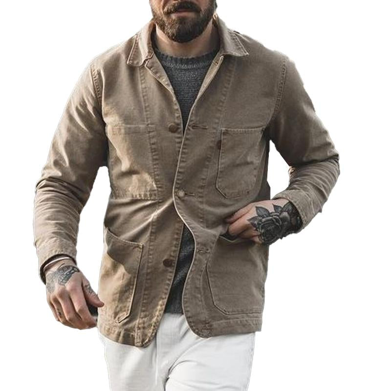 Men's Retro Distressed Canvas Jacket with Multiple Pockets - Style 72361516X