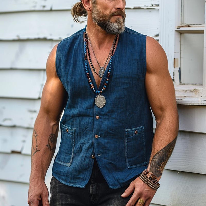 Men's Retro Washed Denim V-Neck Vest - Style 36695763X