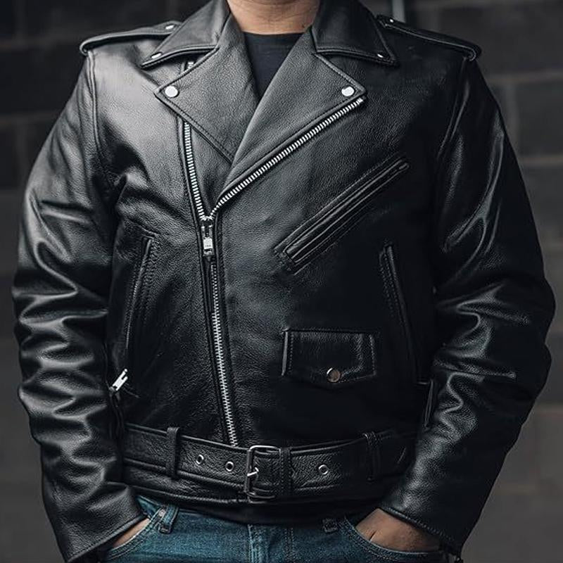 Men's Casual Solid Color Leather Motorcycle Jacket - Style 70049771X