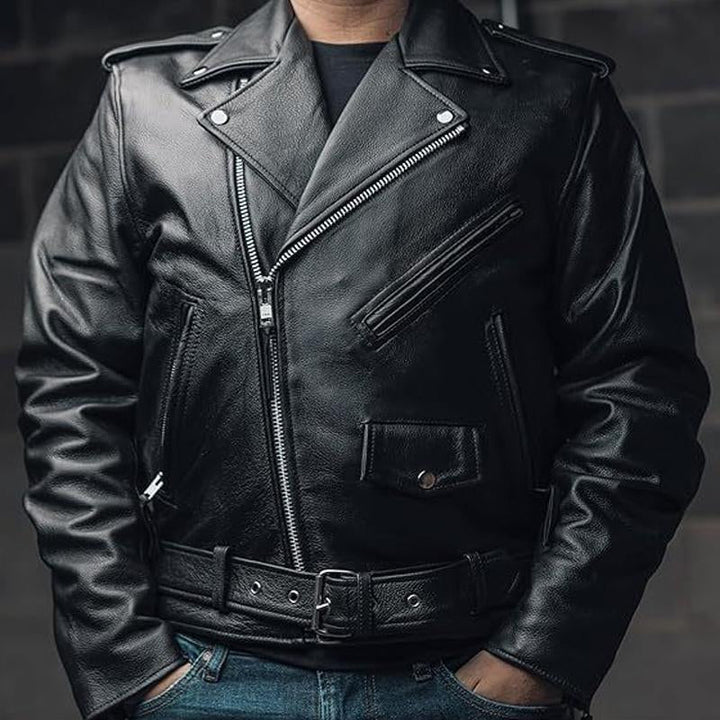 Men's Casual Solid Color Leather Motorcycle Jacket - Style 70049771X