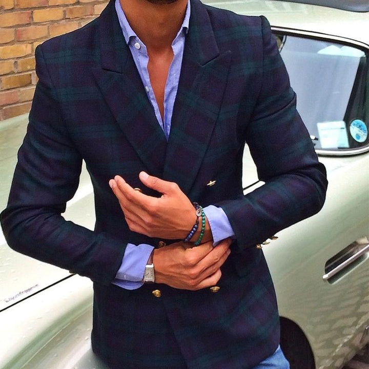 Men's Vintage Plaid Double-Breasted Blazer with Notch Lapel and Flap Pockets - Style 20584917M