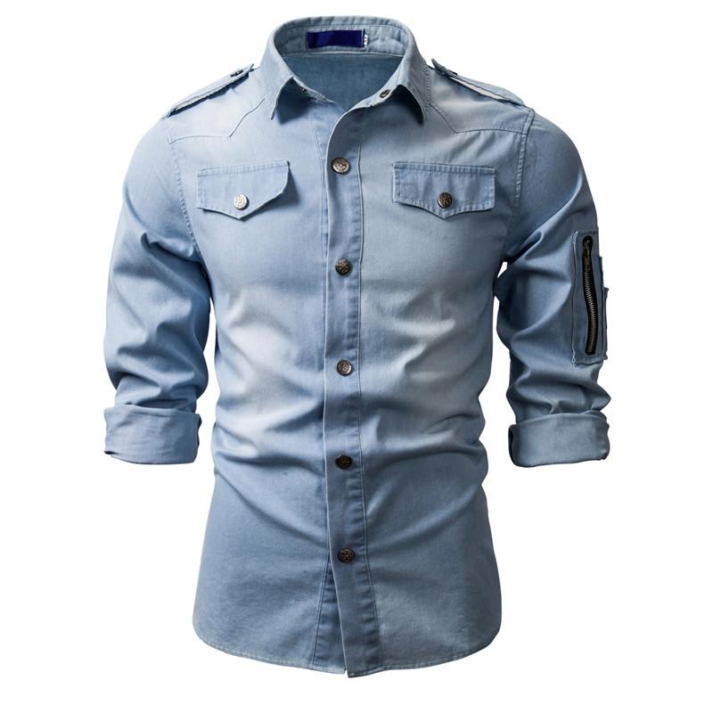 Men's Long Sleeve Washed Denim Shirt - Style 38818803X