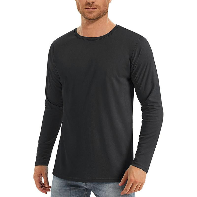 Camiseta deportiva de manga larga y cuello redondo de color liso para hombre, de secado rápido.