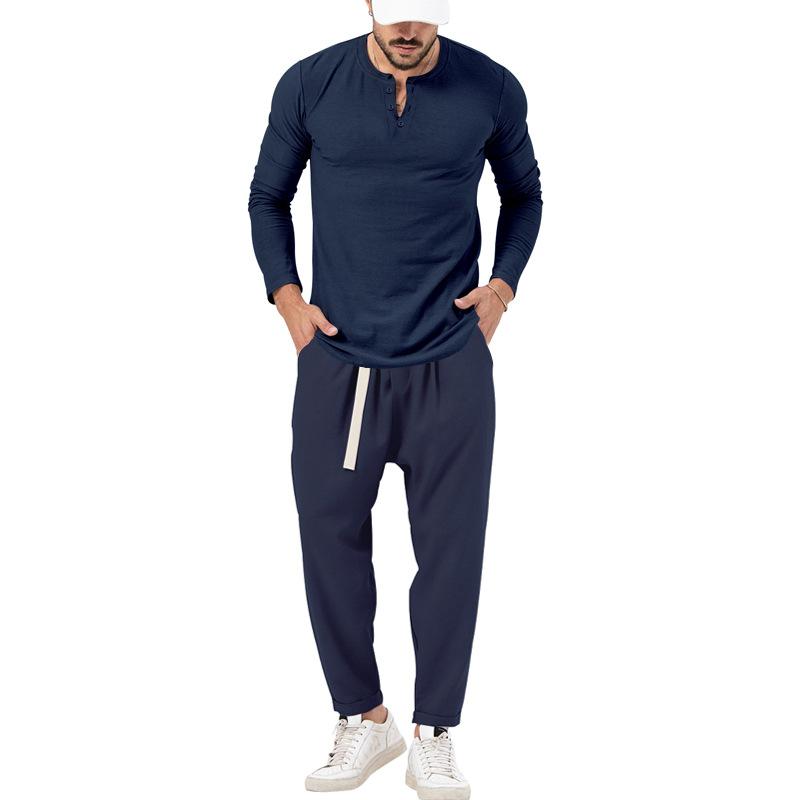 Conjunto informal de camiseta Henley de manga larga y pantalón para hombre.