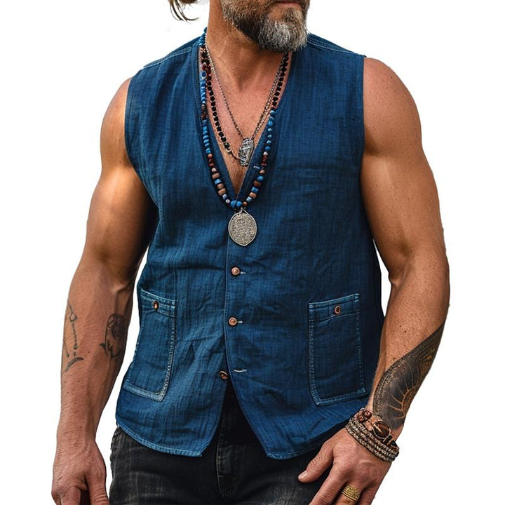 Men's Retro Washed Denim V-Neck Vest - Style 36695763X