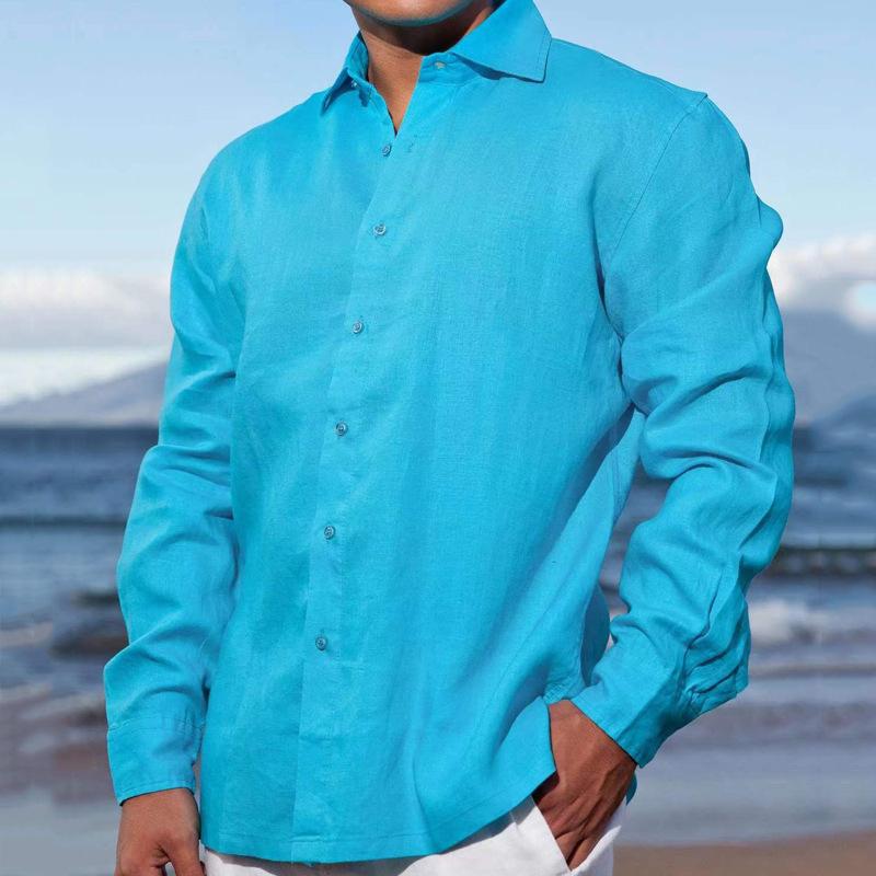 Camisa de manga larga de color liso con solapa para hombre