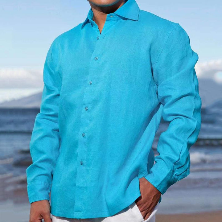 Camisa de manga larga de color liso con solapa para hombre